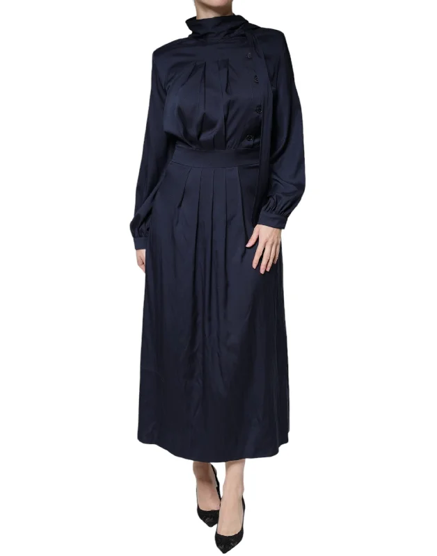 Casual Chic DressBallantyne Dark Blue Long Sleeves Pleated A-line Maxi Dress