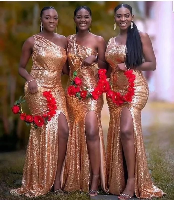 Custom DressMermaid One Shoulder Gold Sequin Bridesmaid Dresses with Split