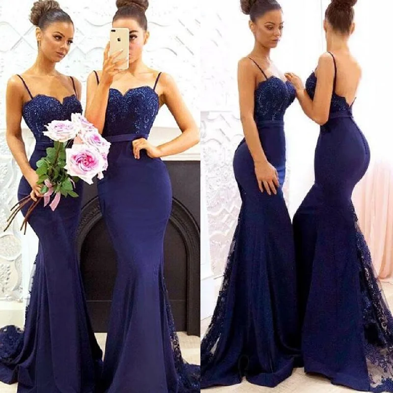 women's travel dressesSexy Spaghettis Straps Lace Dark Navy Bridesmaid Dresses