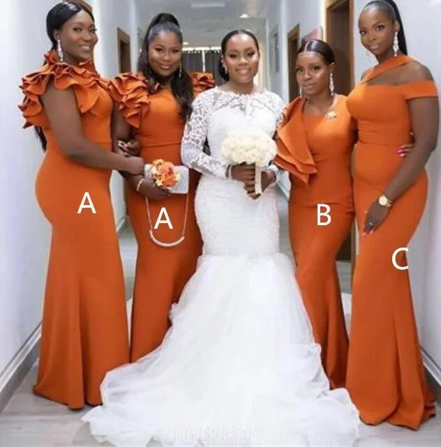 women's maximalist dressesRoycebridal Africa Mermaid Mismatch Burnt Orange Bridesmaid Dresses