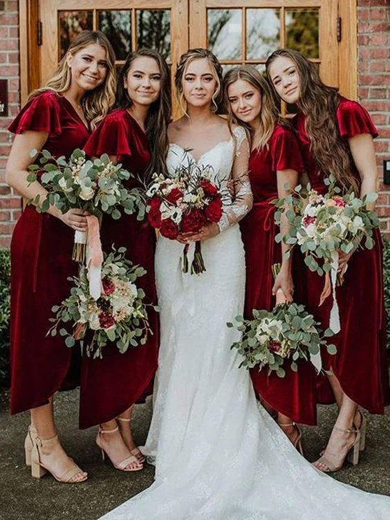 women's silk dressesWinter Velvet V-neck Bridesmaid Dresses High-Low Tea-Length Wedding Party Dress