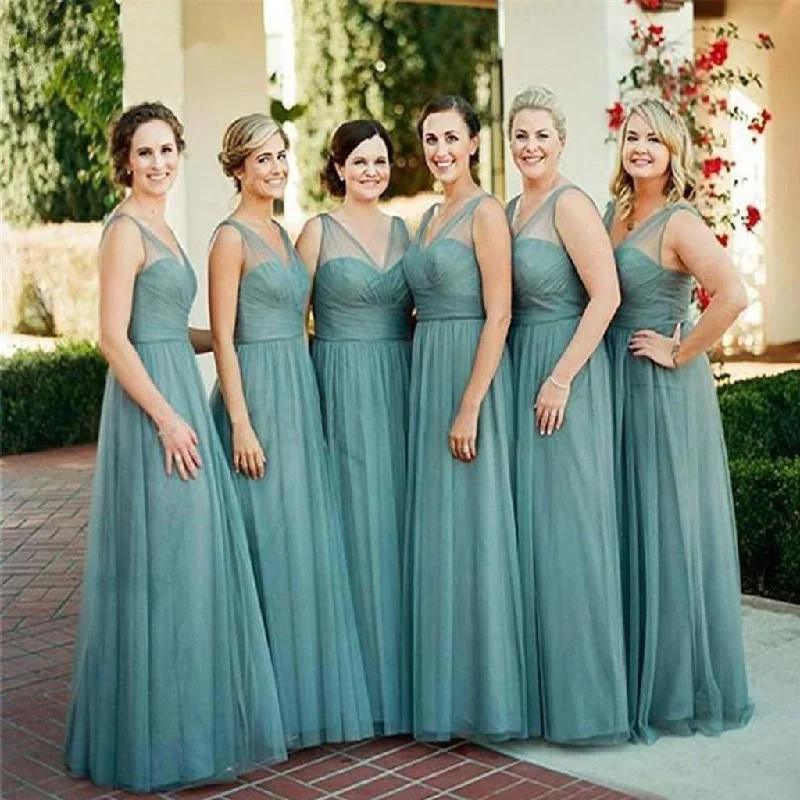 Flutter-Sleeve DressRoycebridal Sheath Floor-Length Tulle Dusty Blue Bridesmaid Dresses Sleeveless