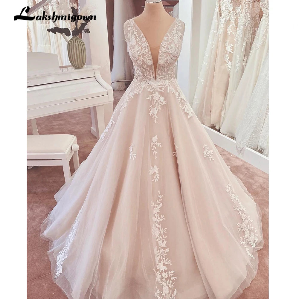 Tulle DressRoycebridal Bohemian V-Neck Wedding Dresses Tank Sleeve Tulle A-Line Open Back Lace Bridal Gowns Bride Dresses Hochzeitskleid