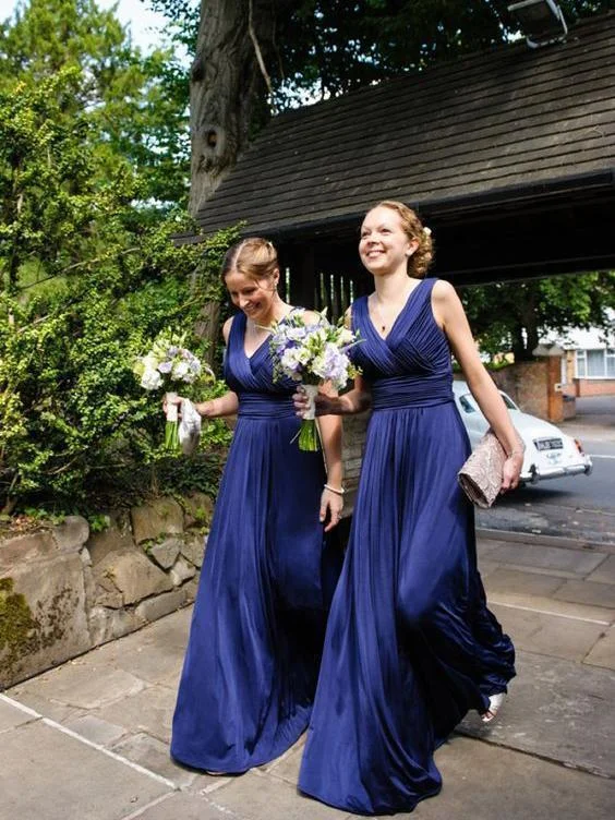 Neon DressRoycebridal Sheath Long Royal Blue Bridesmaid Dresses V Neck Pleated Sleeveless