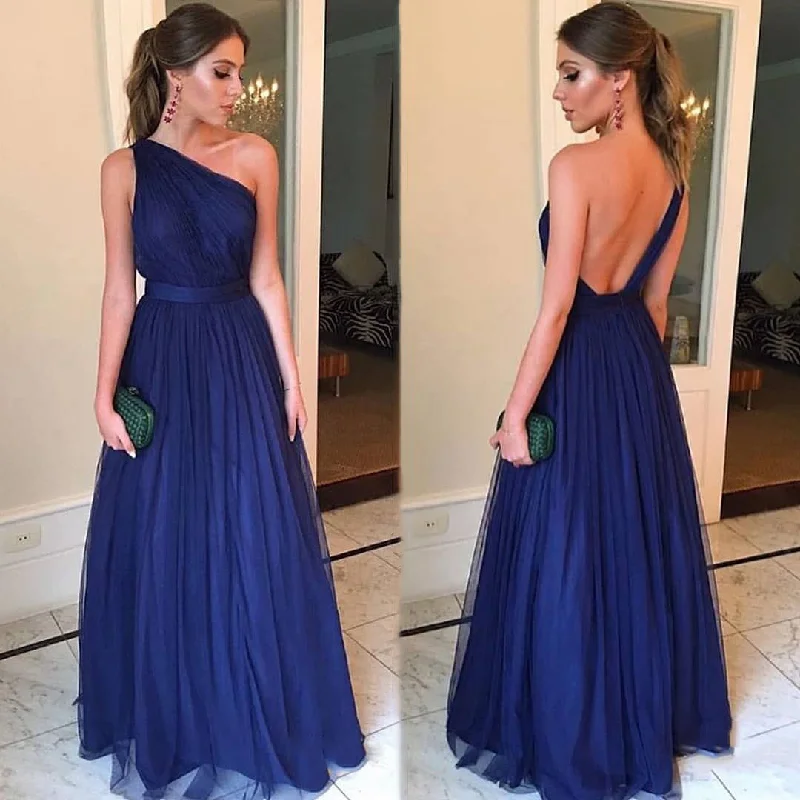 women's trendy dressesRoycebridal A line Sexy One Shoulder Blue Bridesmaid Dresses Open Back