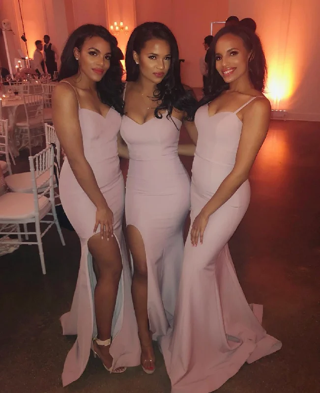 women's empire-line dressesHot Sexy Split Mermaid Peach Bridesmaid Dresses Spaghetti-Straps