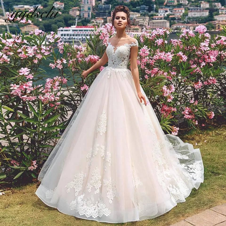 Neon DressWhite Off The Shoulder Wedding Dresses For Women Elegant Princess Tulle Illusion Button Bridal Gown Vestidos De Novia