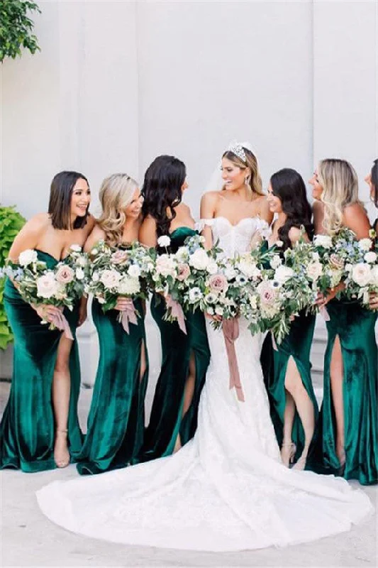 women's affordable dressesRoycebridal Sweetheart Emerald Green Velvet Bridesmaid Dresses High Thigh Slit