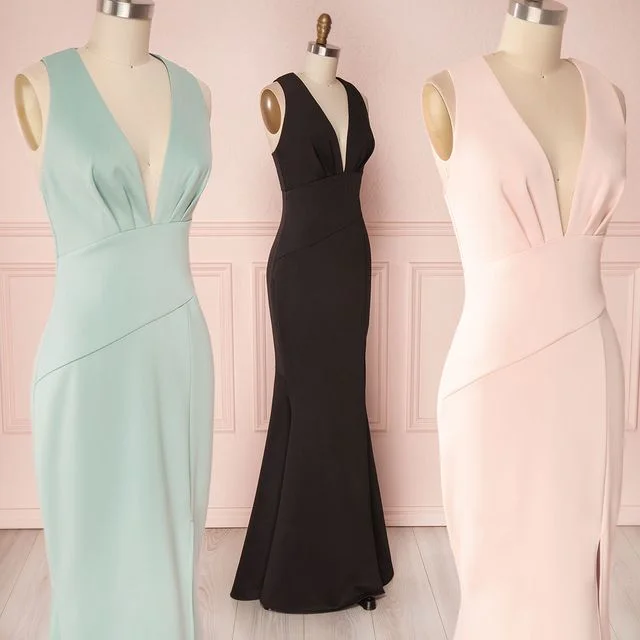 women's prom dressesMermaid V Neck Long Wedding Guest Dresses Satin Bridesmaid Dresses