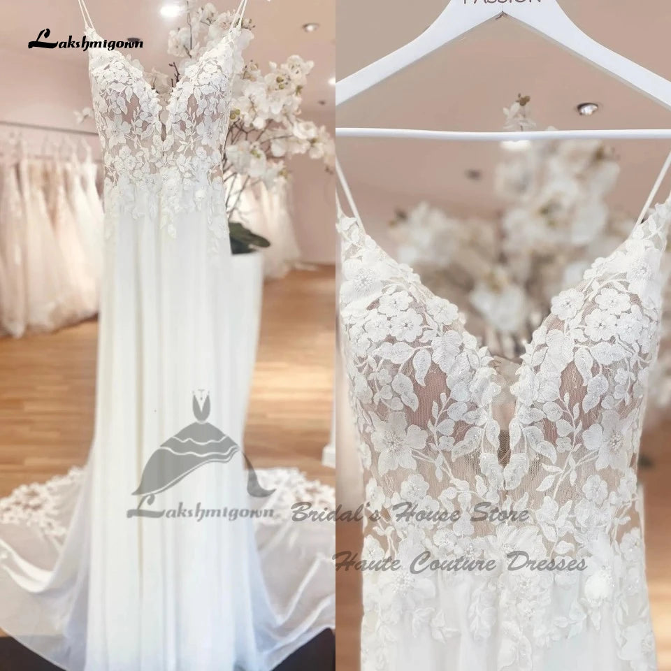 women's minimalist dressesSexy Chiffon Wedding Dress Boho  Robe Elegant Long Bridal Beach Wedding Gowns Floral Lace Appliques Spaghetti Straps