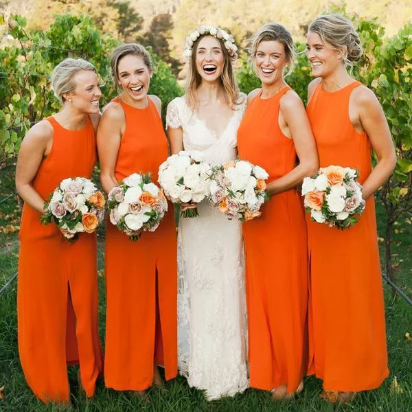 Tall Women DressRoycebridal Cheap Orange Bridesmaid Dresses Long Straps Chiffon Sleeveless