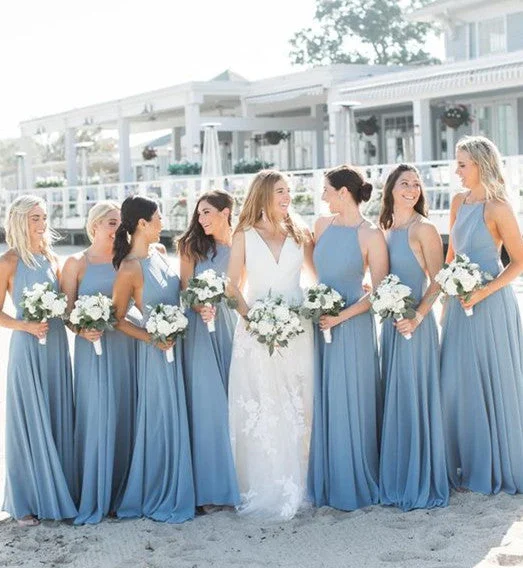 Scoop-Neck DressRoycebridal Simple Sheath Ruffles Long Dusty Blue Bridesmaid Dresses under 100