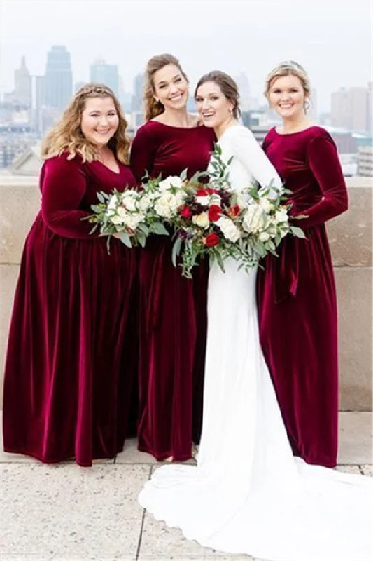 Glamour DressRoycebridal Mermaid Long Sleeves Burgundy Velvet Bridesmaid Dresses Backless