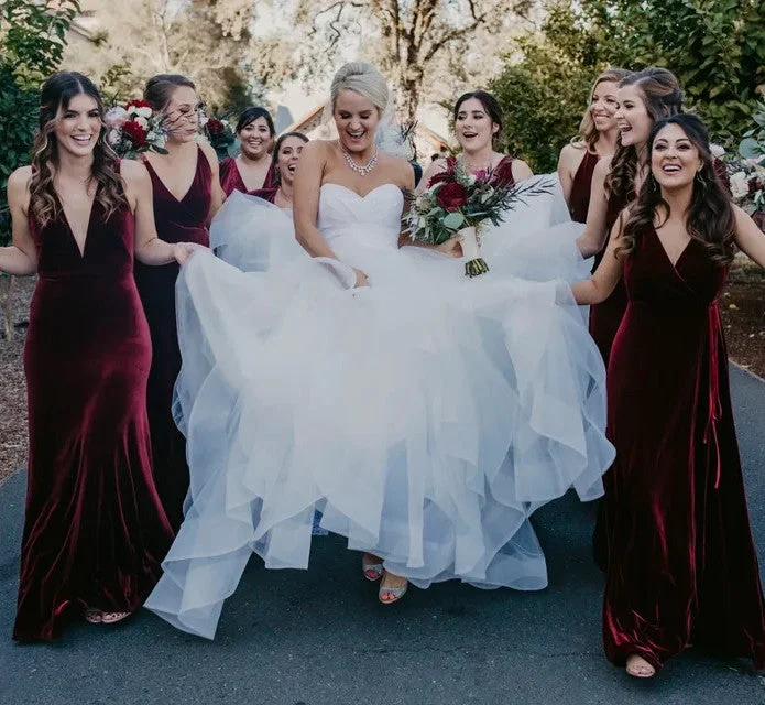 Asymmetric DressRoycebridal Affordable Winter Burgundy Velvet Bridesmaid Dresses UK V Neck Sleeveless