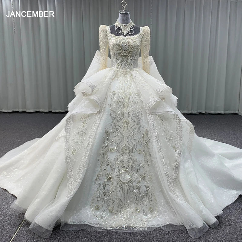 A-Line DressSurprise Price Rushed Wedding Dresses For Women O-Neck Full Sleeves Backless Bow Backless Pearls vestito da sposa MN206