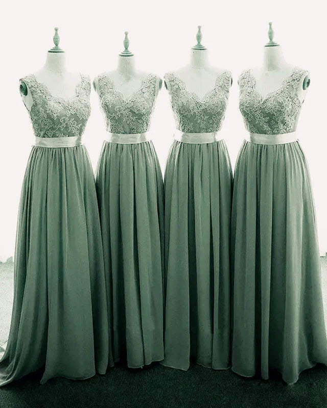 women's petite dressesRoycebridal Lace Sage Green Bridesmaid Dresses Boho V-neck Straps Appliques