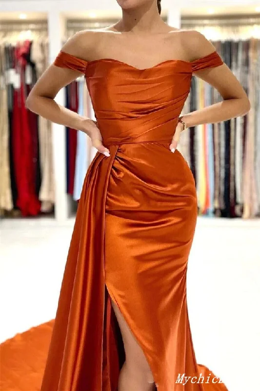 High-Low DressBurnt Orange Wedding Guest Dress Cheap Mermaid Off Shoulder Bridesmaid Dresses