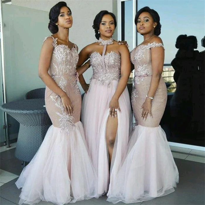 women's easy-to-wear dressesRoycebridal Elegant Pink Tulle Mermaid Cheap Lace Bridesmaid Dresses Appliques