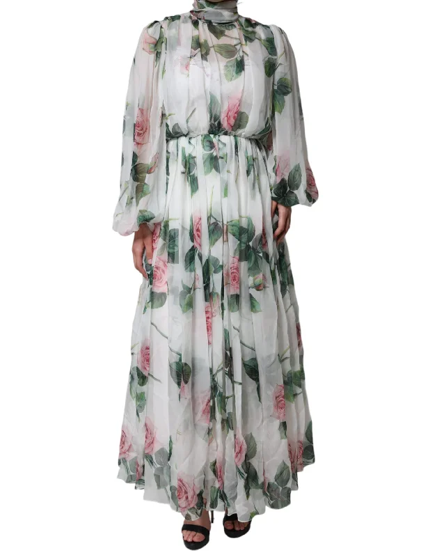 women's formal dressesDolce & Gabbana White Silk Floral Print Long Maxi Dress