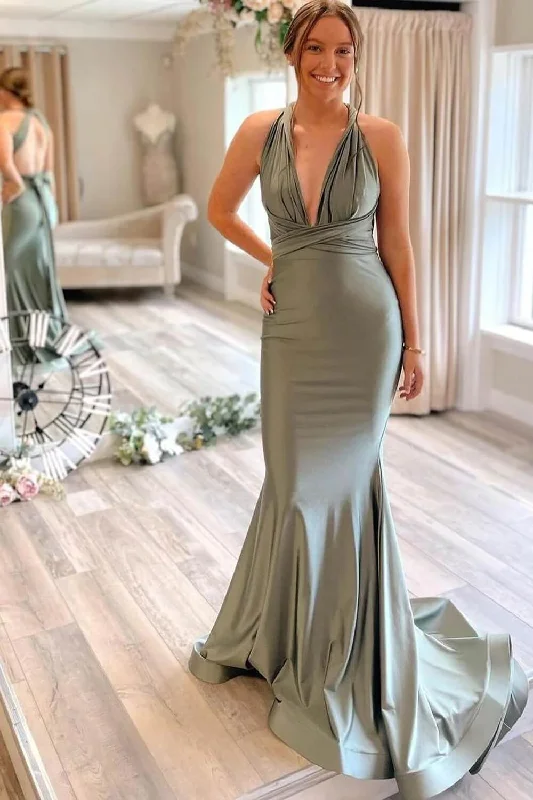 Glitter DressSimple Gray Green Wedding Guest Dress Mermaid Satin Bridesmaid Dresses Long