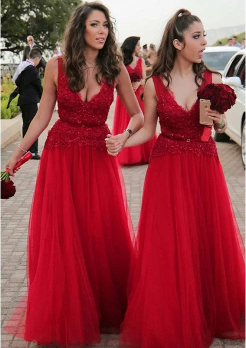 women's trendy dressesRoycebridal Sexy V-neck Beads Appliques Cheap Red Bridesmaid Dresses