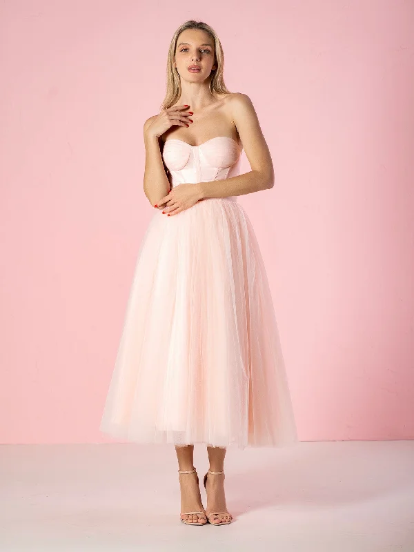 women's cold-shoulder dressesStrapless Puffy Midi Tulle Dress