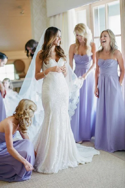 women's bell-sleeved dressesRoycebridal Sheath Lavender Chiffon Bridesmaid Dresses Sweetheart Backless With Ruched