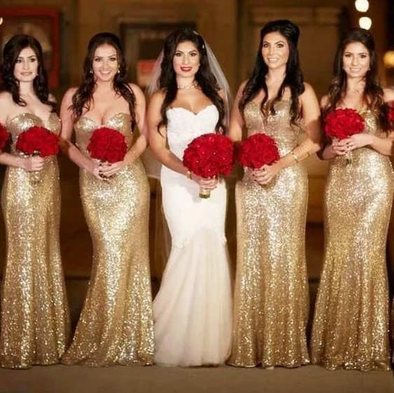 women's spaghetti strap dressesSexy Mermaid Gold Sequined Bridesmaid Dresses