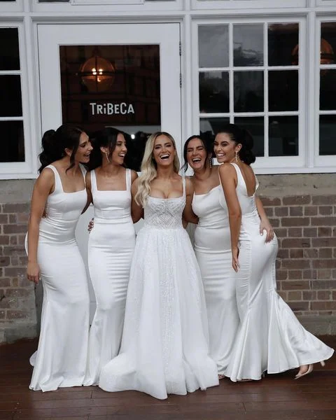 women's boho dressesWhite Satin Bridesmaid Dresses Mermaid Square Floor Length Wedding Guest Dress