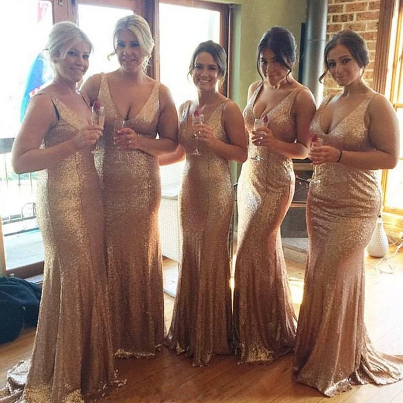 women's ball gown dressesLong Sleeveless V Neck Sequin Rose Gold Bridesmaid Dresses with Train