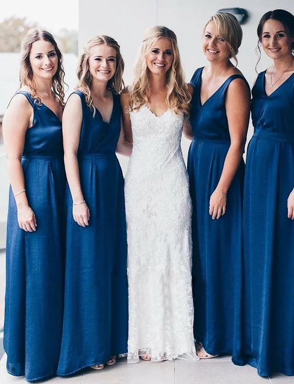 women's eco-friendly dressesRoycebridal A Line Long Chiffon Blue Bridesmaid Dresses Sleeveless Backless