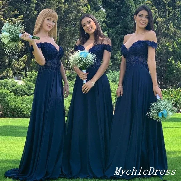 women's vacation dressesRoycebridal Off the Shoulder Lace Navy Blue Bridesmaid Dresses Sequins Wedding Guest Dress