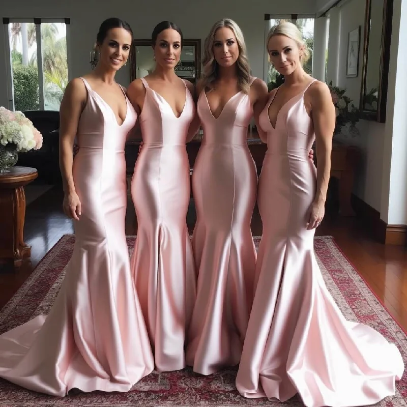 Solid Color DressRoycebridal Cheap Long Pink Bridesmaid Dresses Mermaid V Neck Wedding Party Dress