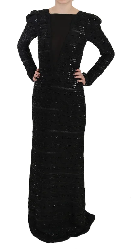 women's lace-up dressesJohn Richmond Black Silk Sheath Maxi Dress with Sequins