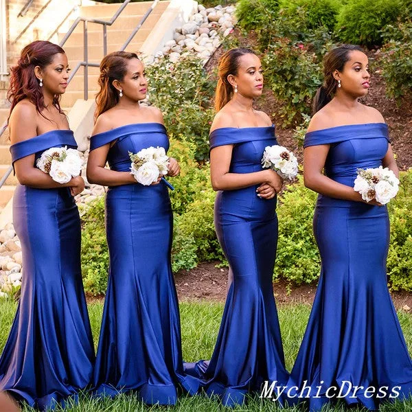 Flutter-Sleeve DressLong Satin Mermaid Bridesmaid Dresses Royal Blue Wedding Guest Dress Off Shoulder