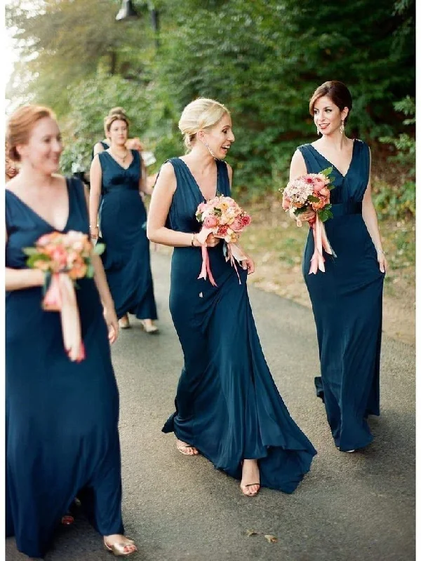 Beaded DressRoycebridal Sheath Cheap Long V Neck Ink Blue Bridesmaid Dresses