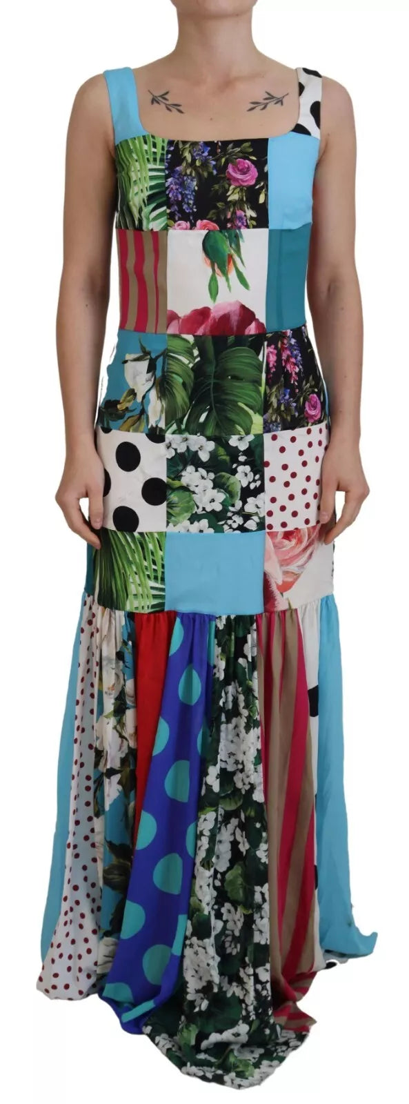 women's wedding guest dressesDolce & Gabbana Silk Multicolor Patchwork Sheath Maxi Dress