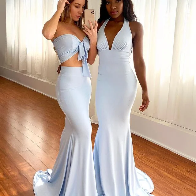 women's boho dressesRoycebridal Simple 2 Piece Chiffon Blue Bridesmaid Dresses Floor Length V Neck Dress