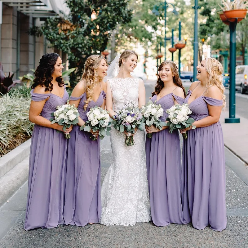 women's flowy dressesRoycebridal Simple Purple Chiffon Long Bridesmaid Dresses Off the Shoulder