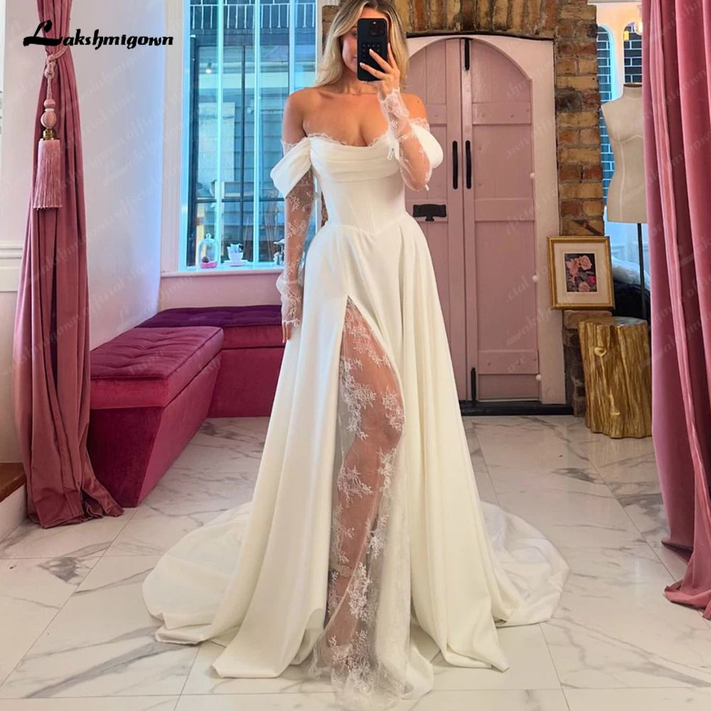 women's petite dressesLakshmigown Off The Shoulder Pleat Satin Wedding Dresses Lace Long Sleeves A-Line Bridal Gowns Sweep Train Bridal Dresses