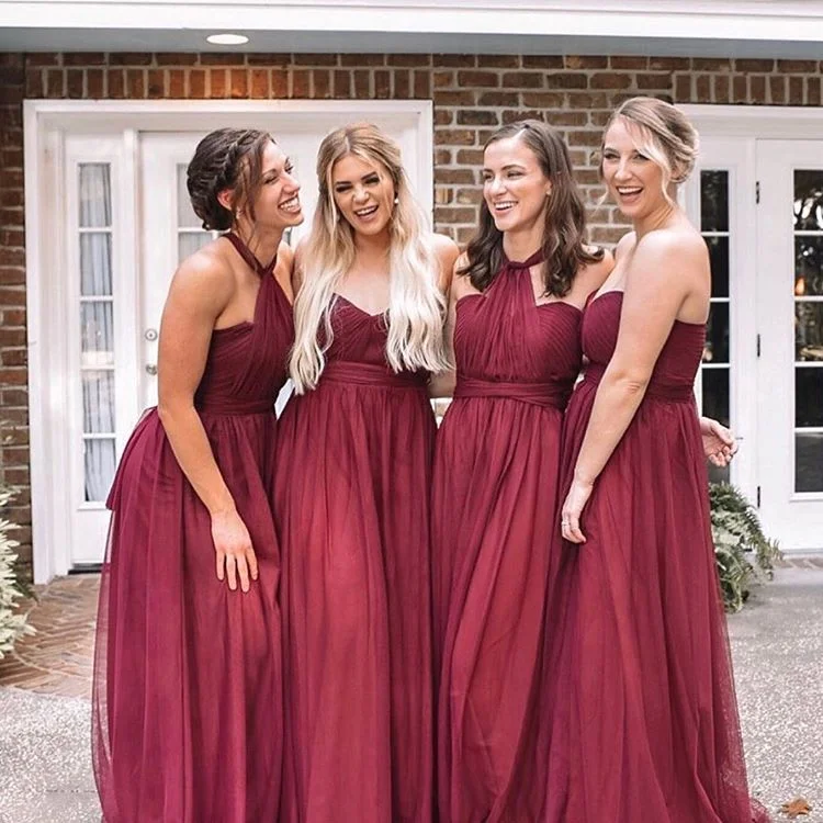 women's unique dressesSheath Tulle Convertible Burgundy Bridesmaid Dresses