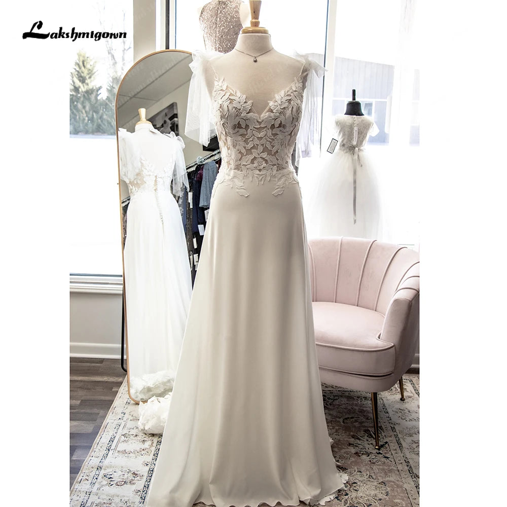 Tall Women DressRoycebridal V Neck Lace Appliques A Line Chiffon Open Back Boho Wedding Dress Sleeveless Cut-out trajes de novias largos