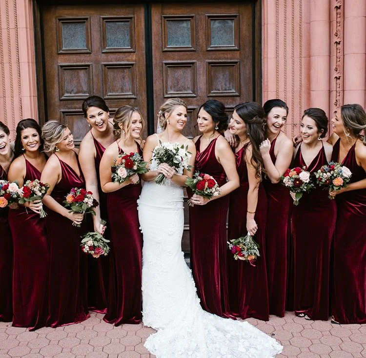 women's ruffle dressesRoycebridal Sexy Mermaid Burgundy Velvet Bridesmaid Dresses Backless