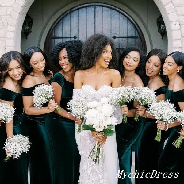 Cocktail DressRoycebridal Cheap Long Bridesmaid Dresses Emerald Green Mermaid Off Shoulder Wedding Guest Dress