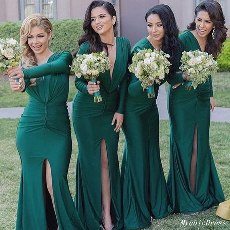 Button-Down DressRoycebridal Fall Wedding Guest Dress Emerald Green Bridesmaid Dresses Long Sleeves V Neck