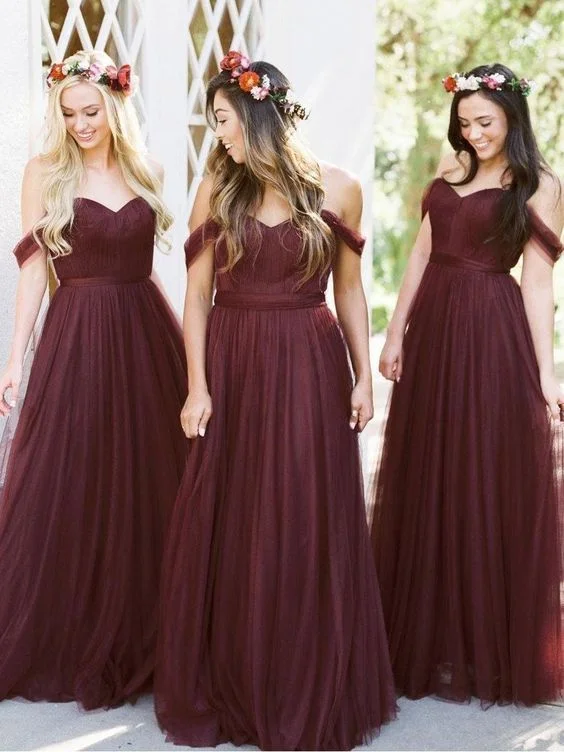 Bohemian DressBurgundy Tulle Bridesmaid Dresses Off the Shoulder Wedding Party Dress