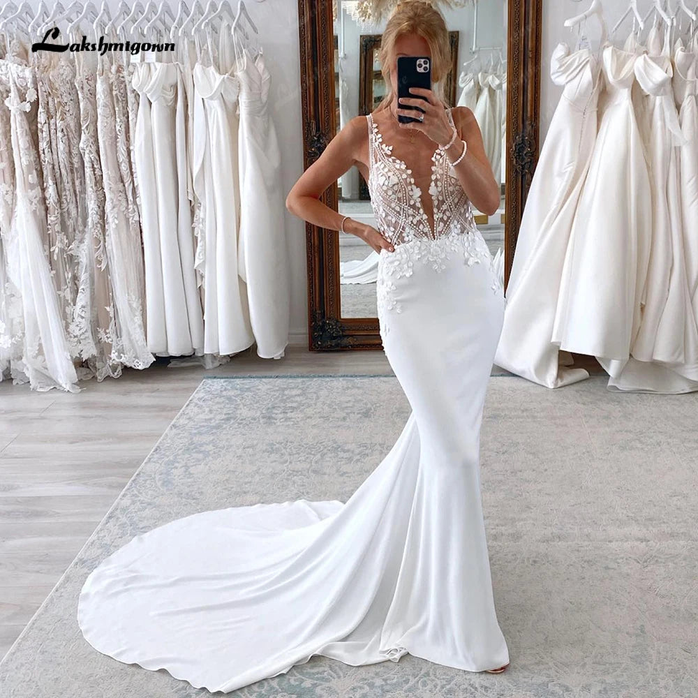 Animal Print DressRoycebridal Deep V Crepe Mermaid Wedding Dresses Lace Appliques Vestido Novia Boda Civil Mermaid Wedding Gowns