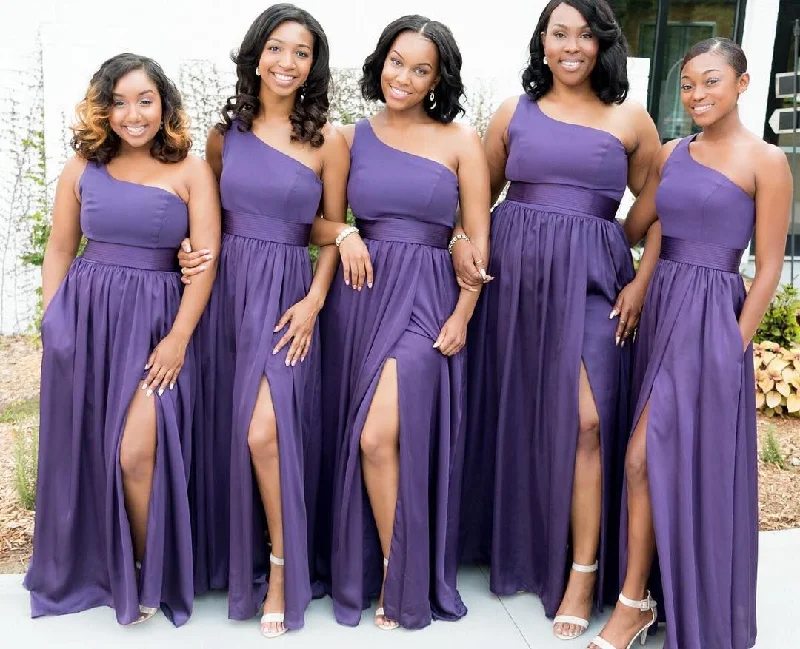 women's apple-shaped body dressesRoycebridal A-Line Simple One Shoulder Purple Bridesmaid Dresses with pockets