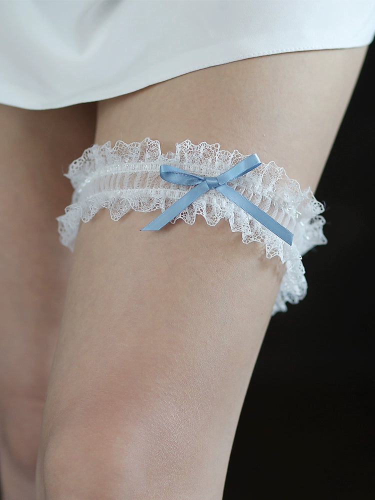 Ruffled Hem DressRoycebrial Wedding Garter White Lace Bridal Garter With Blue Bow