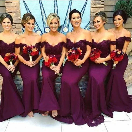 Cocktail DressRoycebridal Mermaid Off the Shoulder Burgundy Lace Bridesmaid Dresses